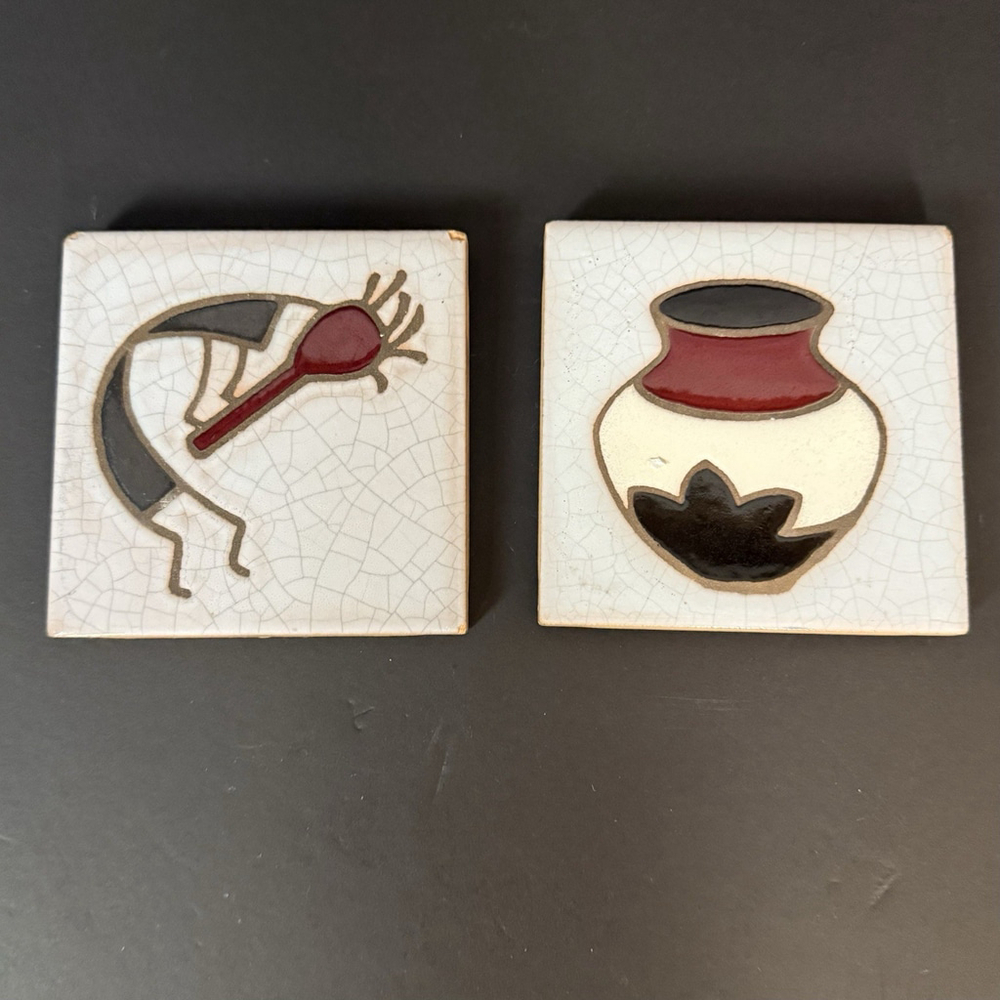 Vintage 2 Arius Santa Fe Art 4" Kokopelli Trivet & Pottery Tiles Made In Italy